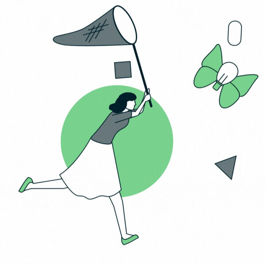 A woman chasing a creative idea represented by a butterfly with a lightbulb head.