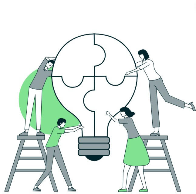 Illustration of four people assembling puzzle pieces to form a light bulb, symbolizing teamwork and collaboration in generating ideas.